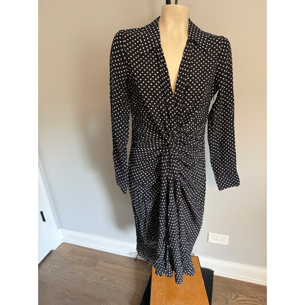 Michael Kors Collection Polka Dot Silk Twist Front Midi Dress Black White 8